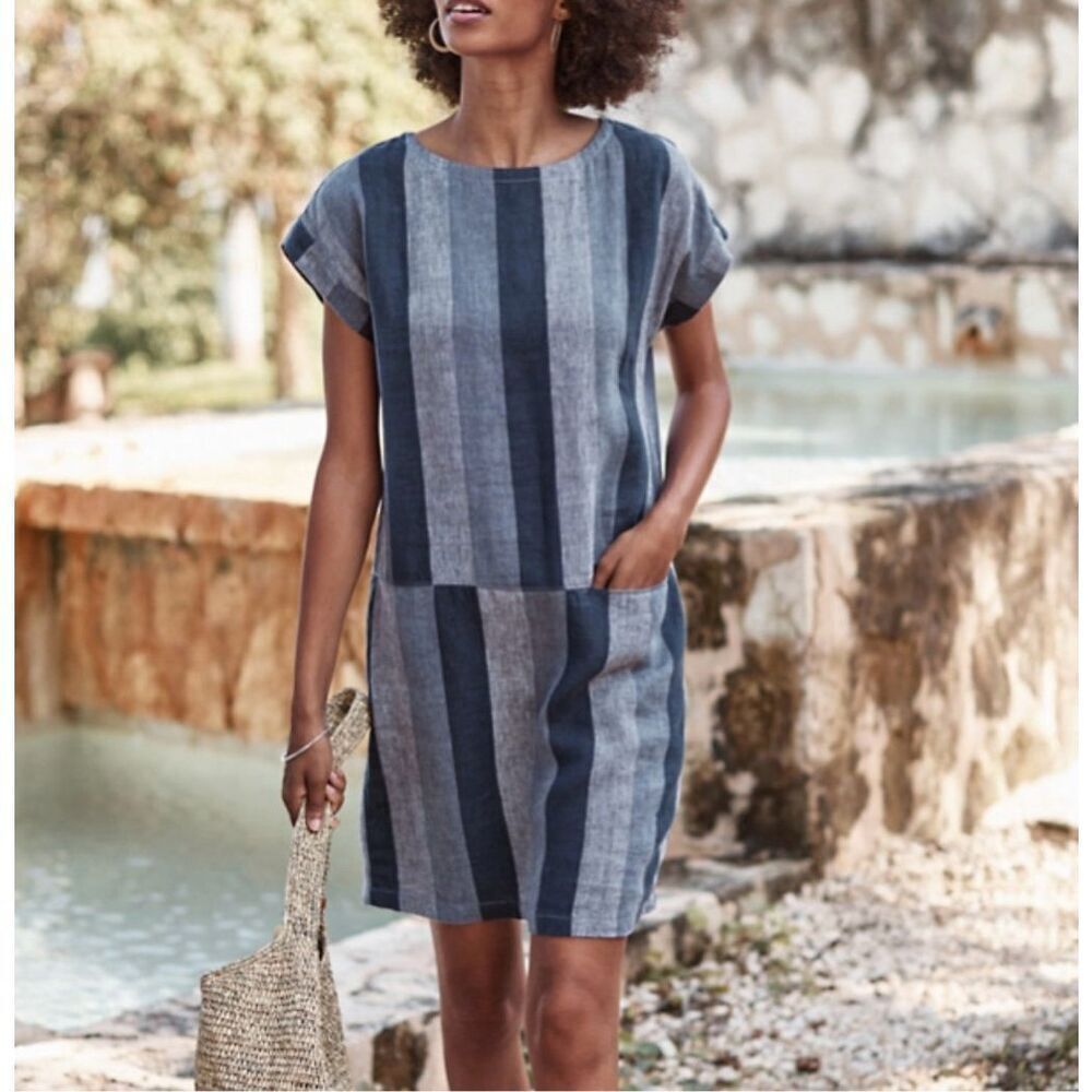 NWOT Garnett Hill Meraki Linen Patchwork Denim Boat Neckline Dress Women's S